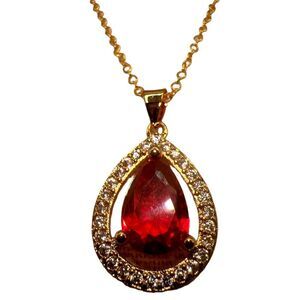NEW Red Glass Teardrop Pendant Necklace With Cubic Zirconias